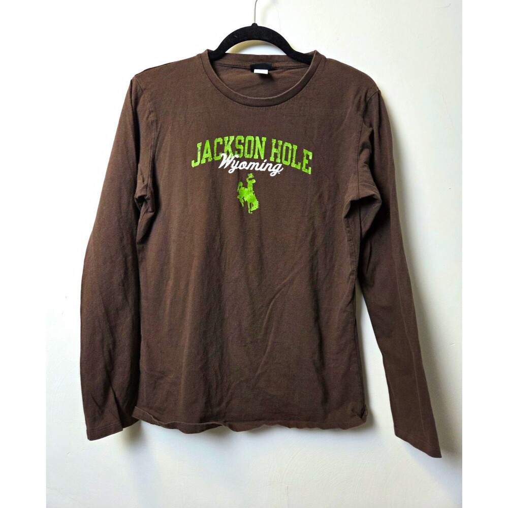 Champion Crew Neck Jackson Hole Wyoming Brown Graphic Long Sleeve T-Shirt XL